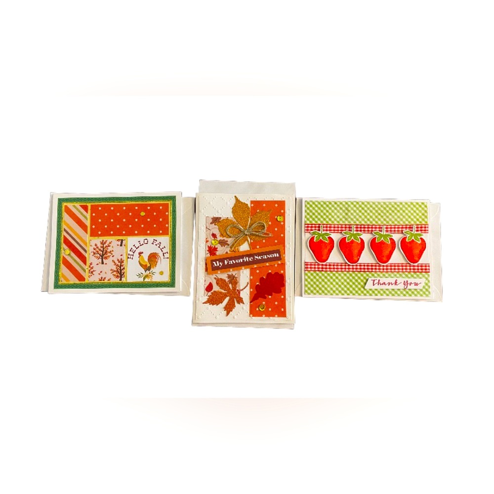 New Set Of 3 3D Greeting Cards Pumpkin Rooster Strawberry Garden White Red OS
